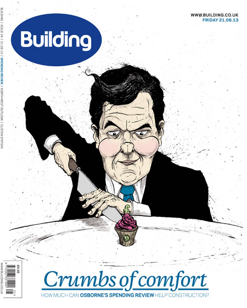 Caricature of George Osborne cutting a tiny cupcake