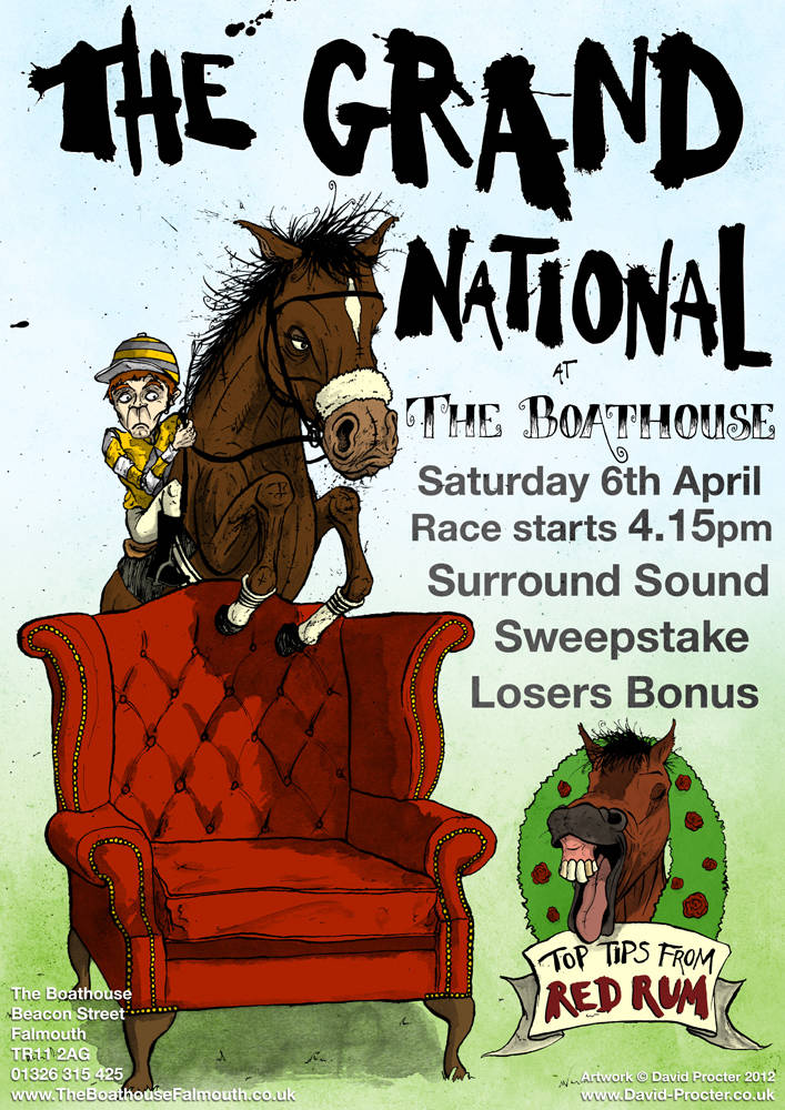 A horse jumping the chair in a poster for the grand national